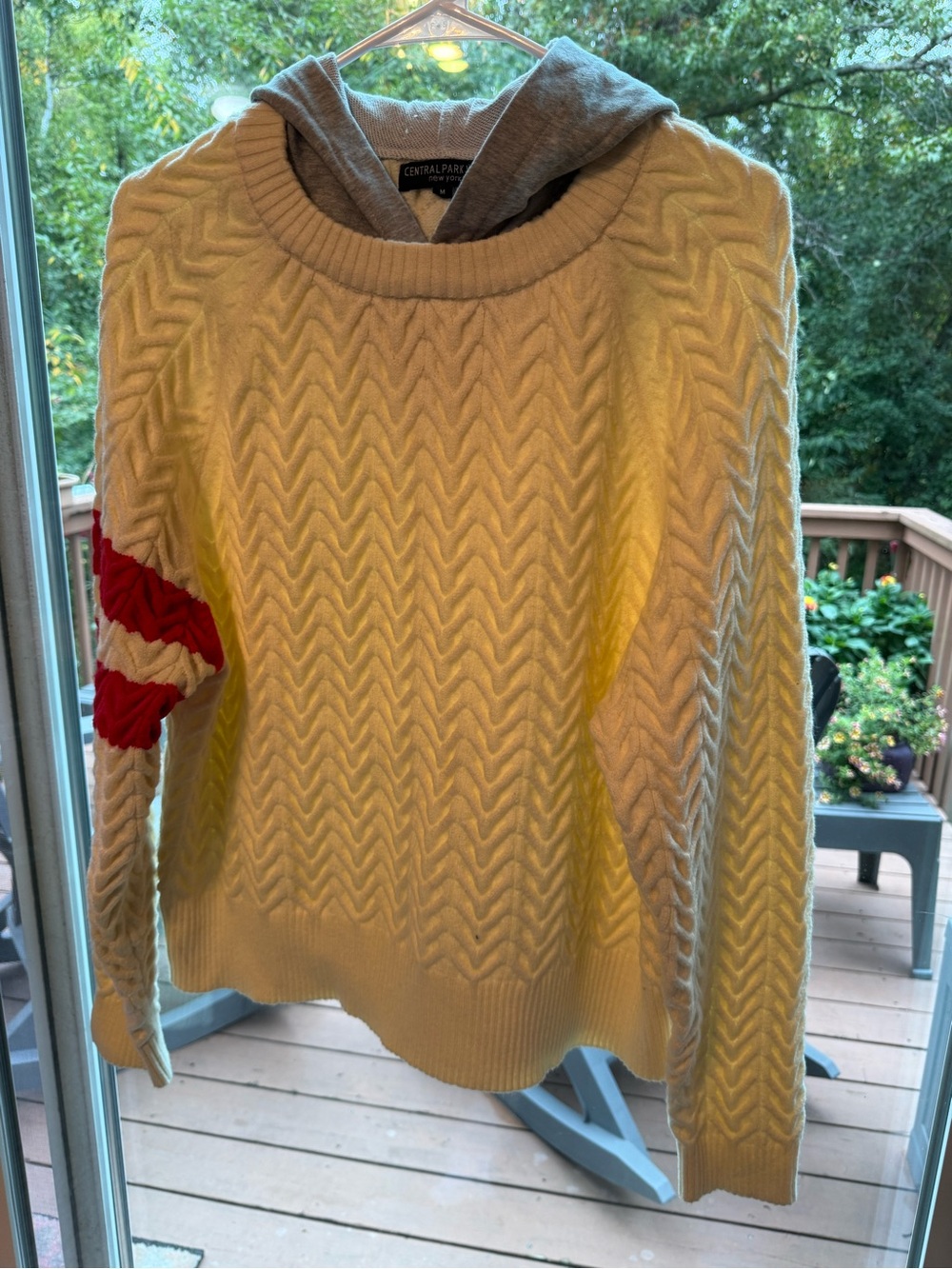 Central Park West Cream Cable Knit Sweater with Red Sleeve Stripe